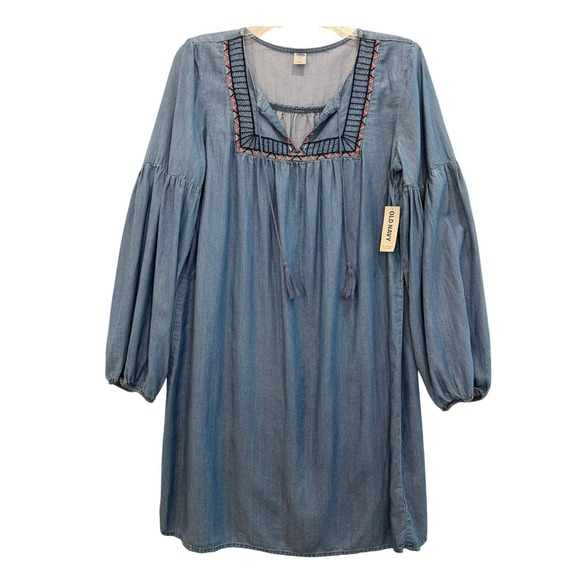 Old Navy Dresses & Skirts - Old Navy Womens Blue Chambray Embroidered‎ Boho Shift Dress Lyocell Medium New